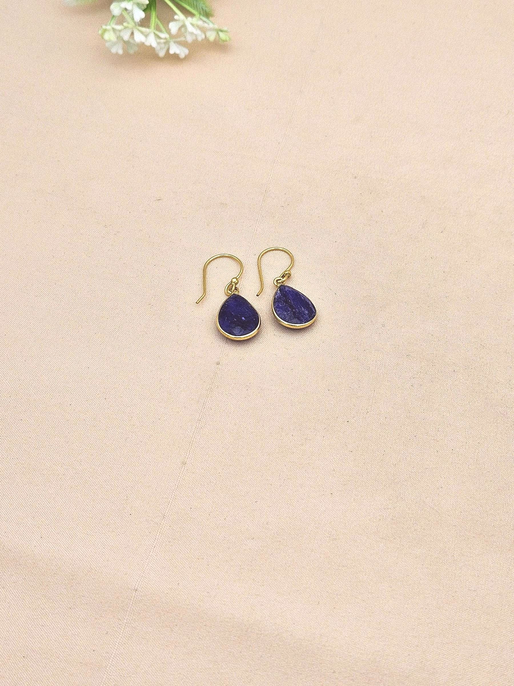 Fine Handcrafted Gold plated Blue Hathipara light weight Bezel Designer Dangle Drop Earrings
