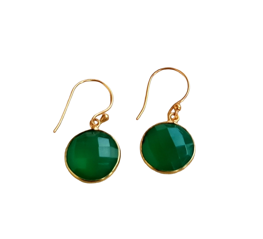 Fine Handcrafted Gold Plated Green Onyx light weight Bezel Designer Dangle Drop Earrings
