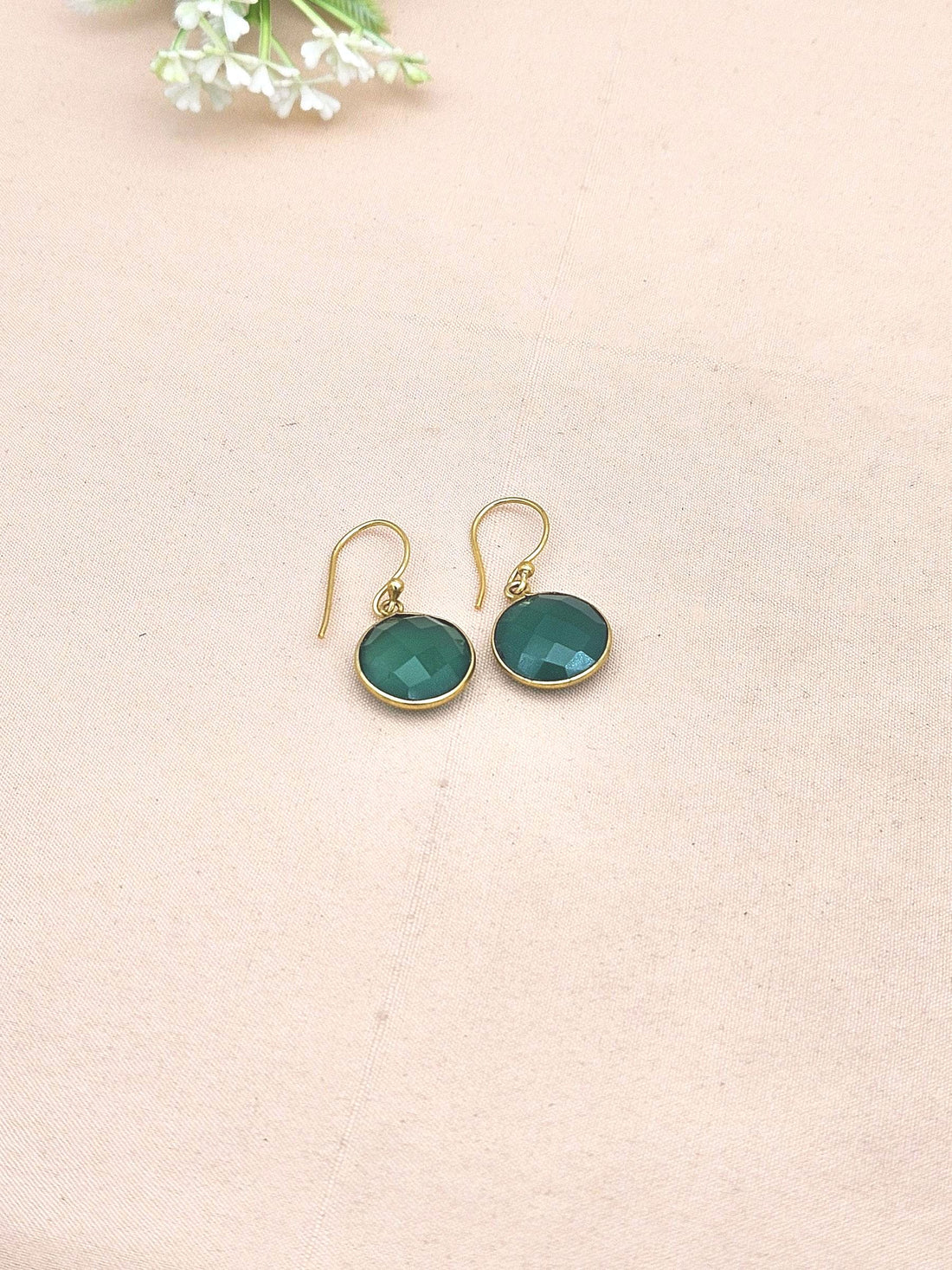 Fine Handcrafted Gold Plated Green Onyx light weight Bezel Designer Dangle Drop Earrings
