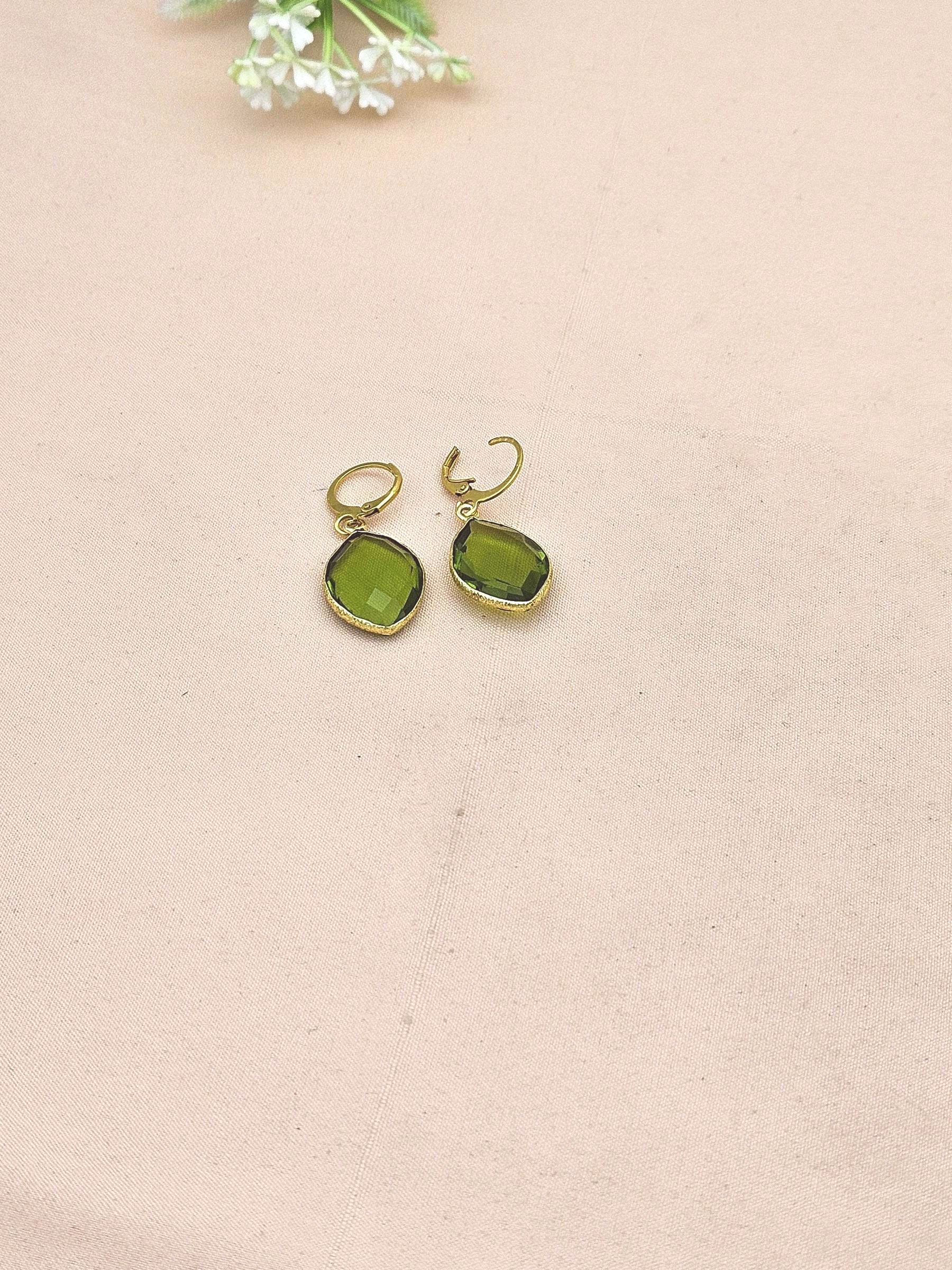 Fine Handcrafted Gold Plated Peridot color Hydro Quartz light weight Bezel Designer Dangle Drop Earrings