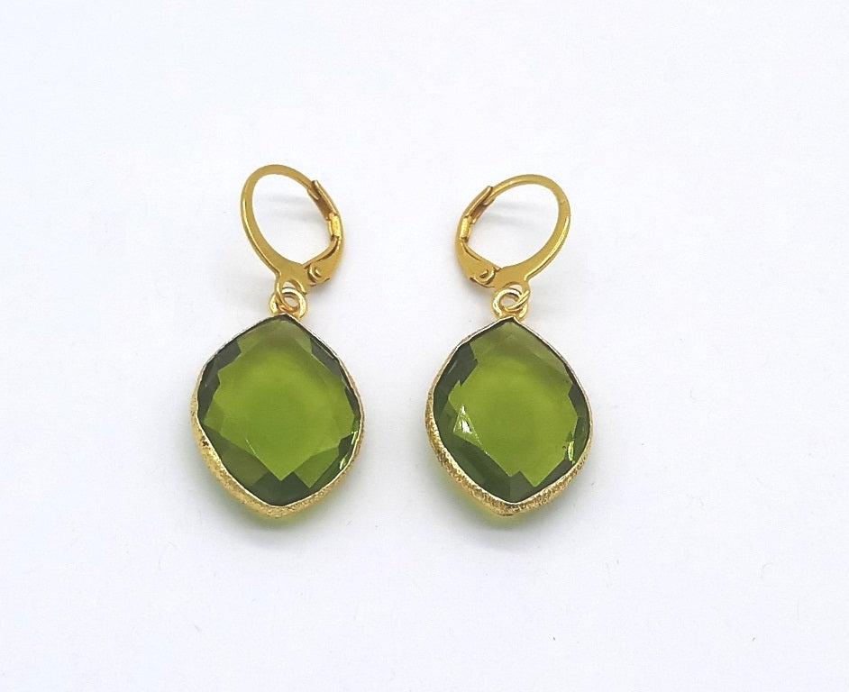 Fine Handcrafted Gold Plated Peridot color Hydro Quartz light weight Bezel Designer Dangle Drop Earrings