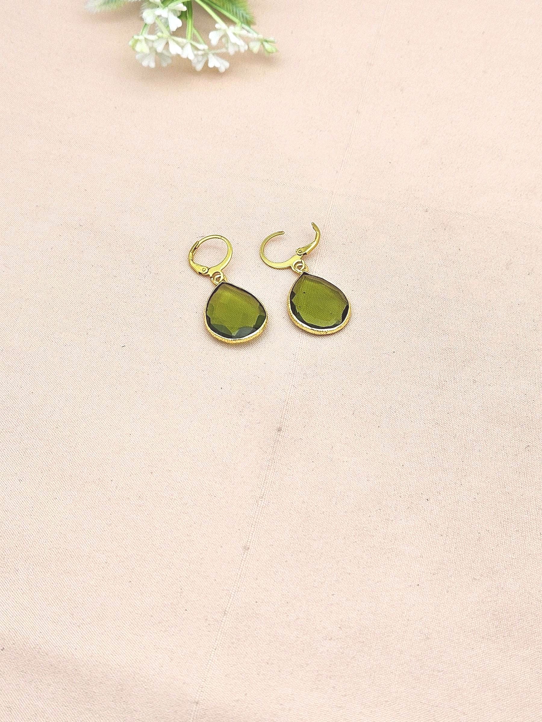 Fine Handcrafted Gold Plated Peridot color Hydro Quartz light weight Bezel Designer Dangle Drop Earrings