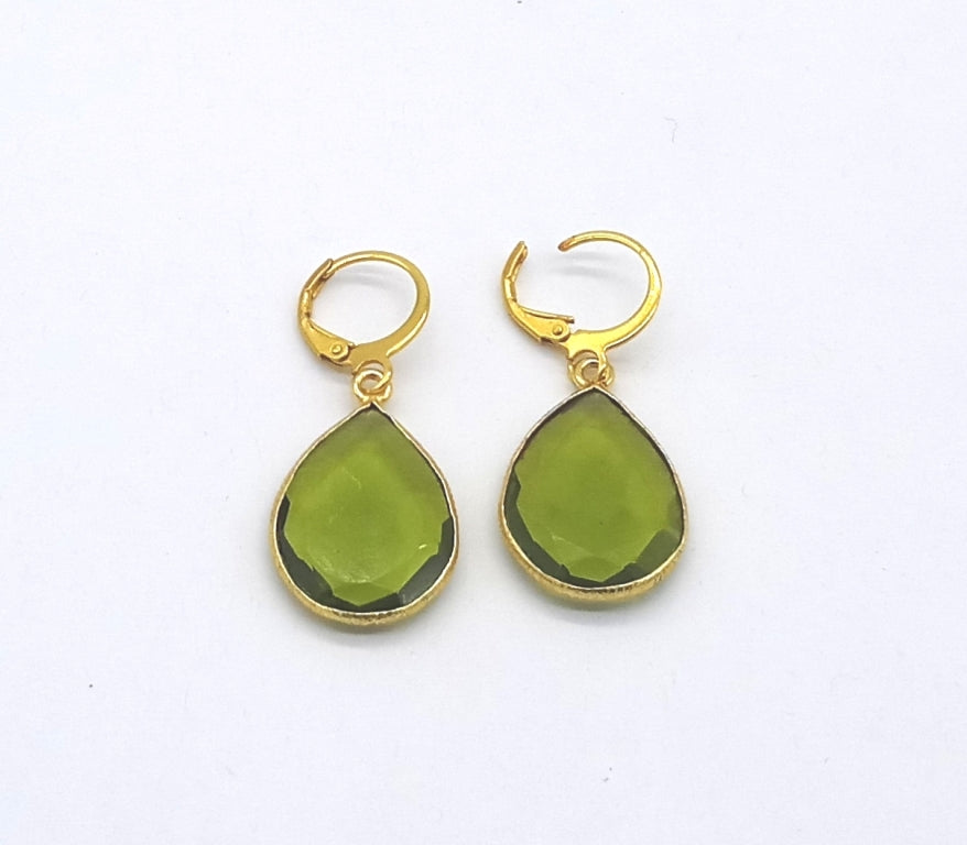 Fine Handcrafted Gold Plated Peridot color Hydro Quartz light weight Bezel Designer Dangle Drop Earrings