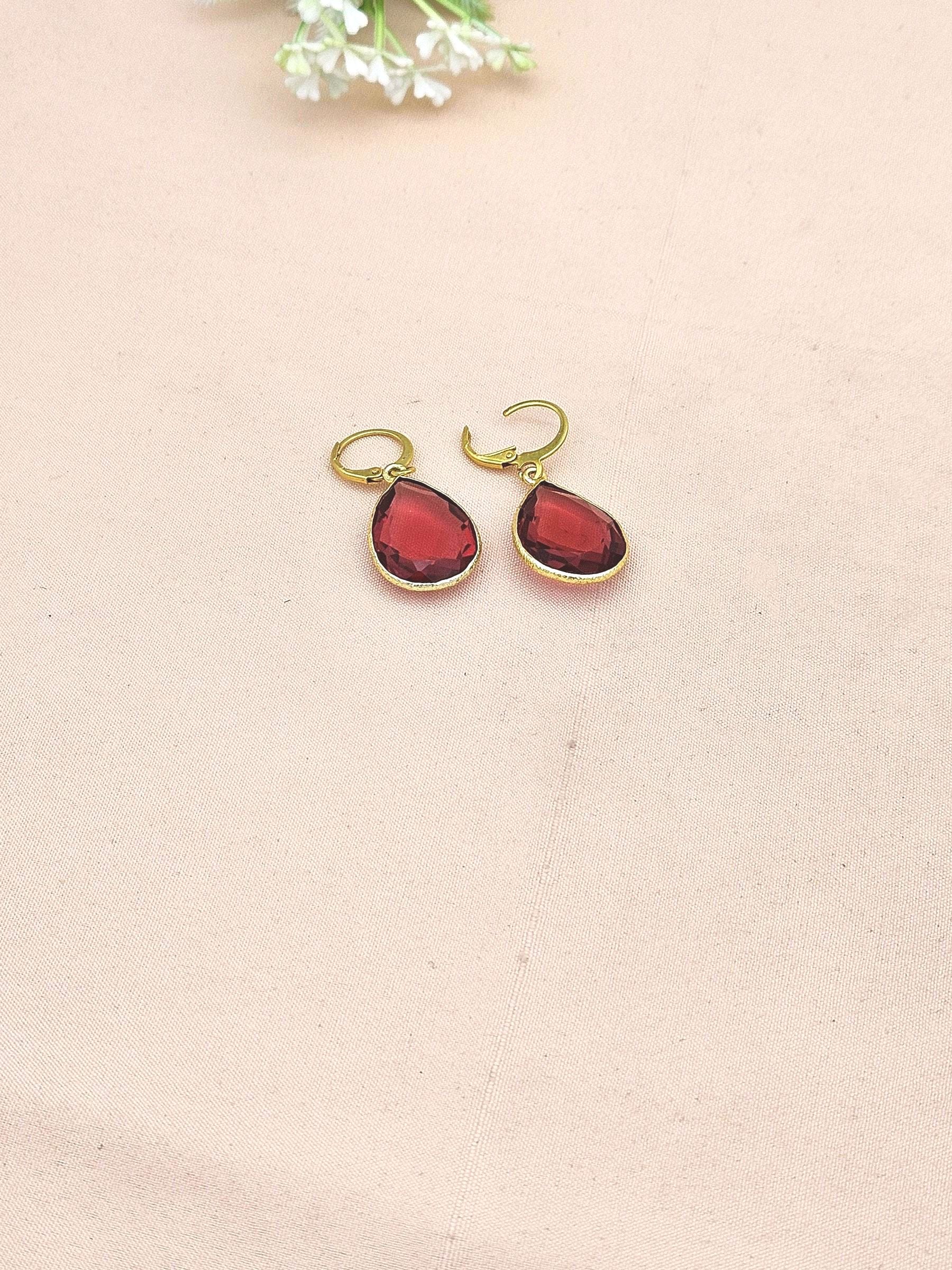 Fine Handcrafted Gold Plated Red Hydro Quartz light weight Bezel Designer Dangle Drop Earrings