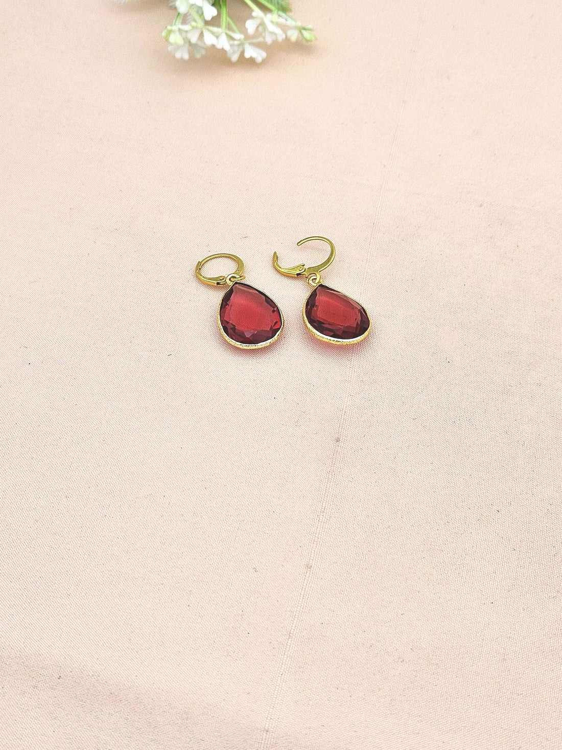 Fine Handcrafted Gold Plated Red Hydro Quartz light weight Bezel Designer Dangle Drop Earrings