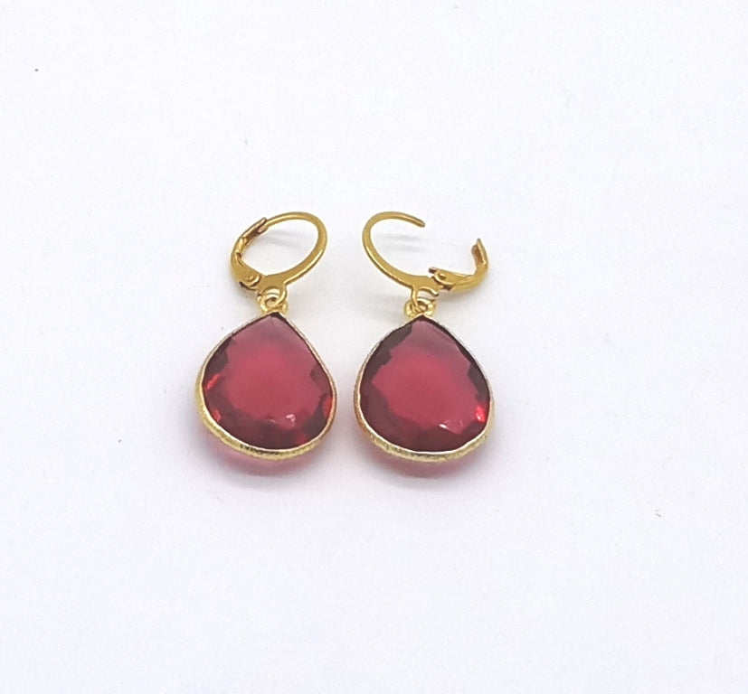 Fine Handcrafted Gold Plated Red Hydro Quartz light weight Bezel Designer Dangle Drop Earrings