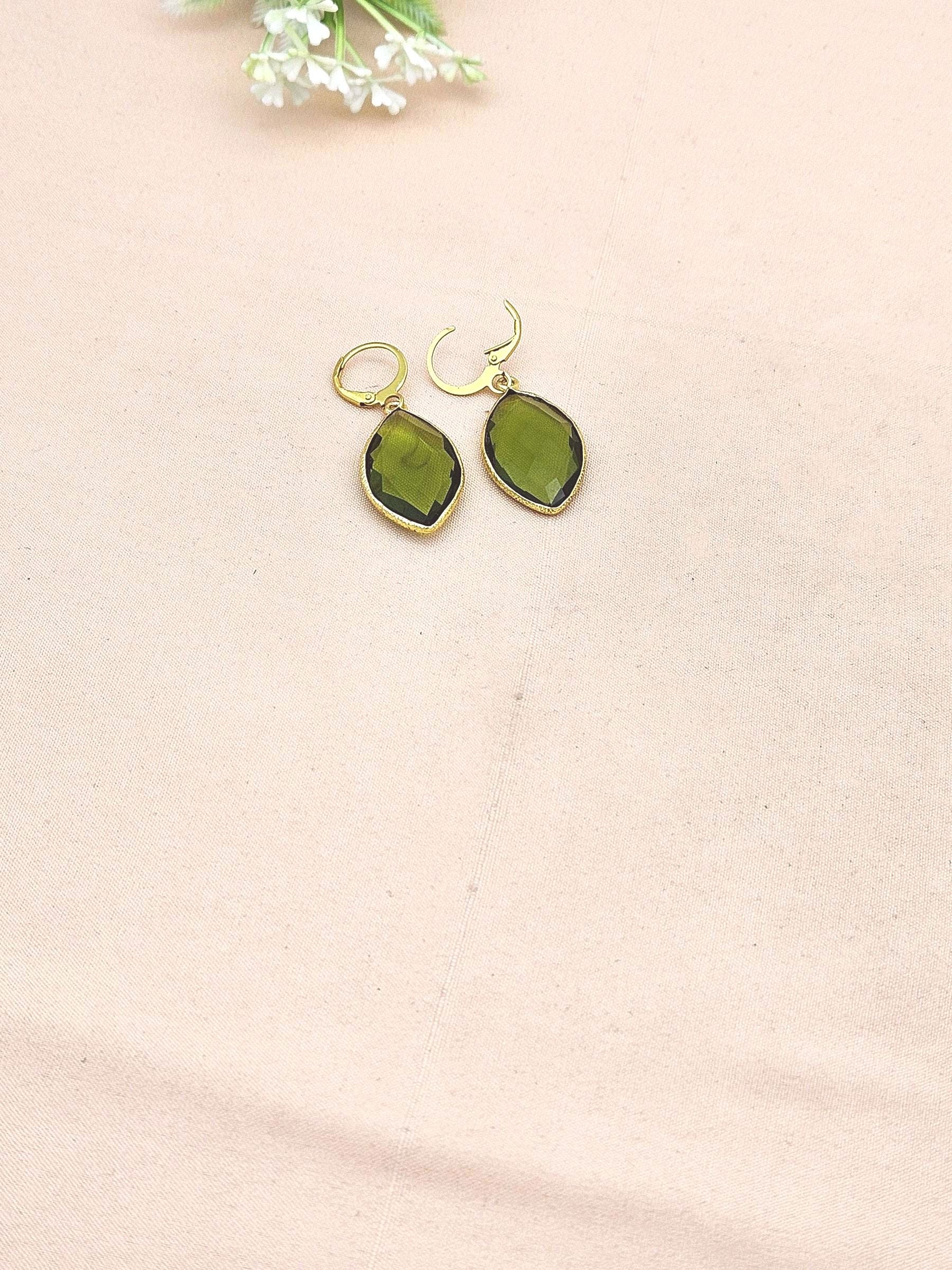Fine Handcrafted Gold Plated Peridot color Hydro Quartz light weight Bezel Designer Dangle Drop Earrings