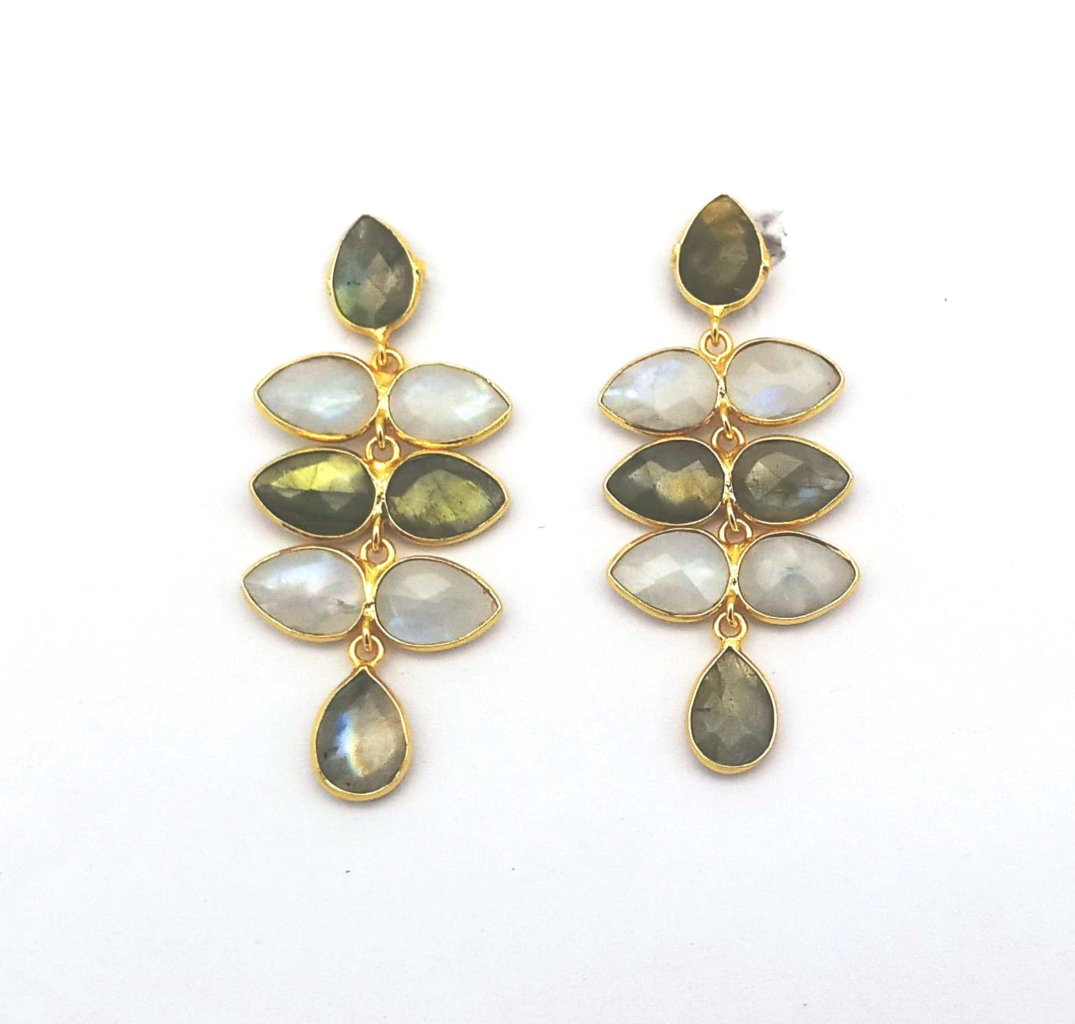 Fine Handcrafted Gold plated White Rainbow-Labradorite stone light weight Leaf Designer Dangle Drop Earrings