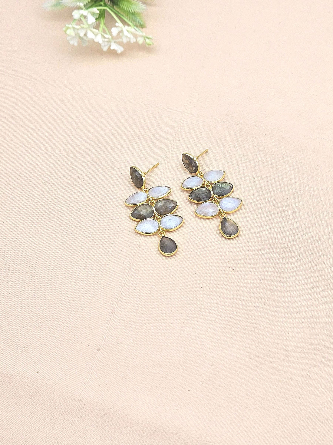 Fine Handcrafted Gold plated White Rainbow-Labradorite stone light weight Leaf Designer Dangle Drop Earrings