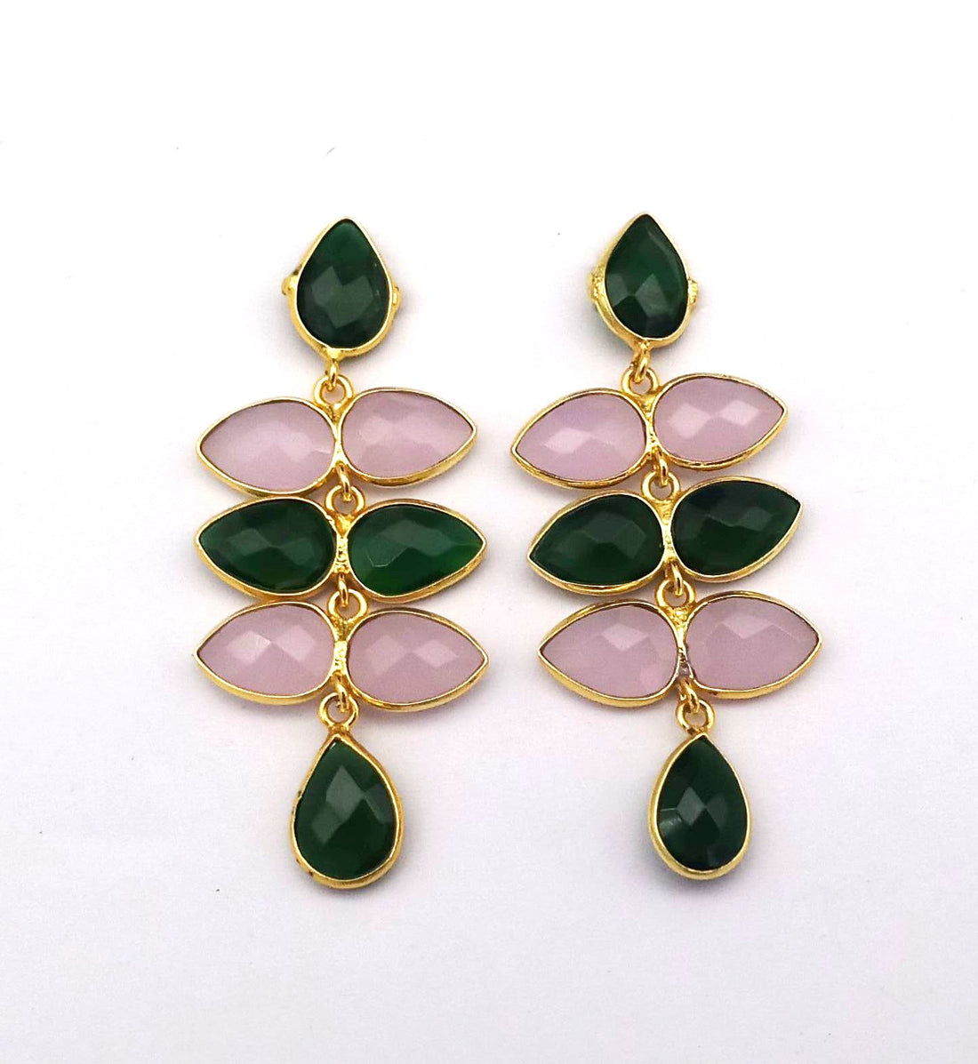 Fine Handcrafted Gold plated Rose Quartz-Green Glass stone light weight Leaf Designer Dangle Drop Earrings