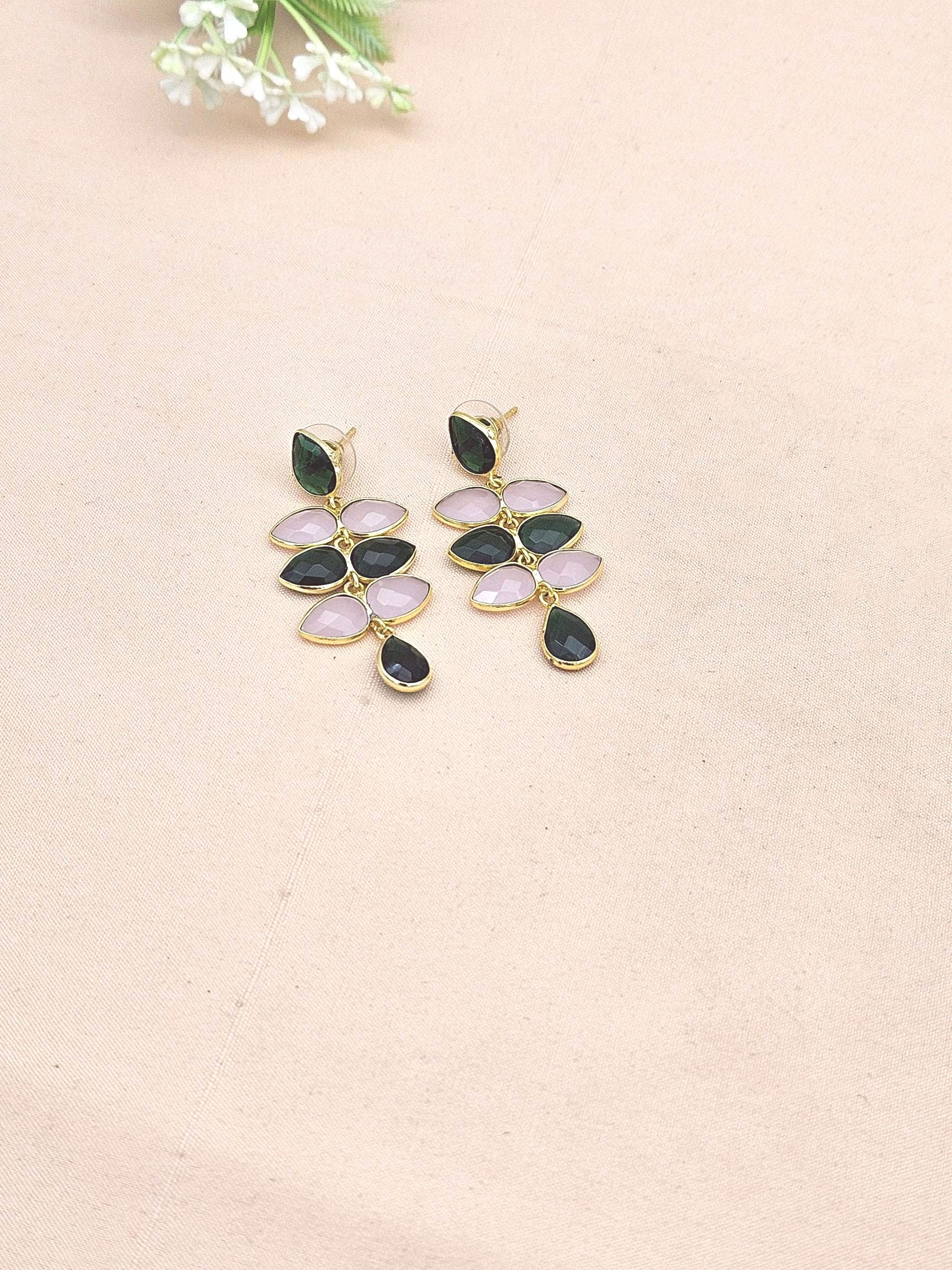 Fine Handcrafted Gold plated Rose Quartz-Green Glass stone light weight Leaf Designer Dangle Drop Earrings