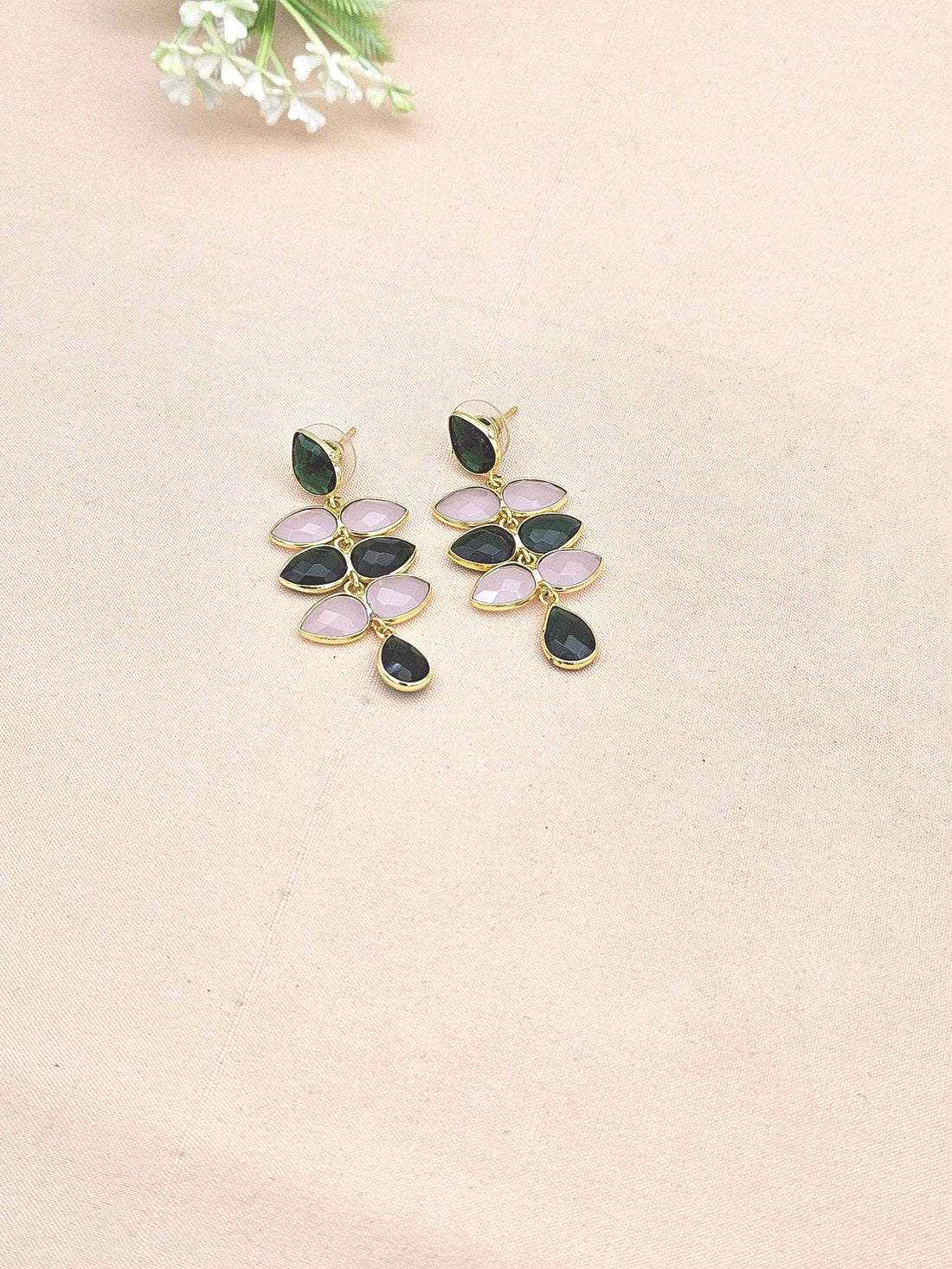 Fine Handcrafted Gold plated Rose Quartz-Green Glass stone light weight Leaf Designer Dangle Drop Earrings