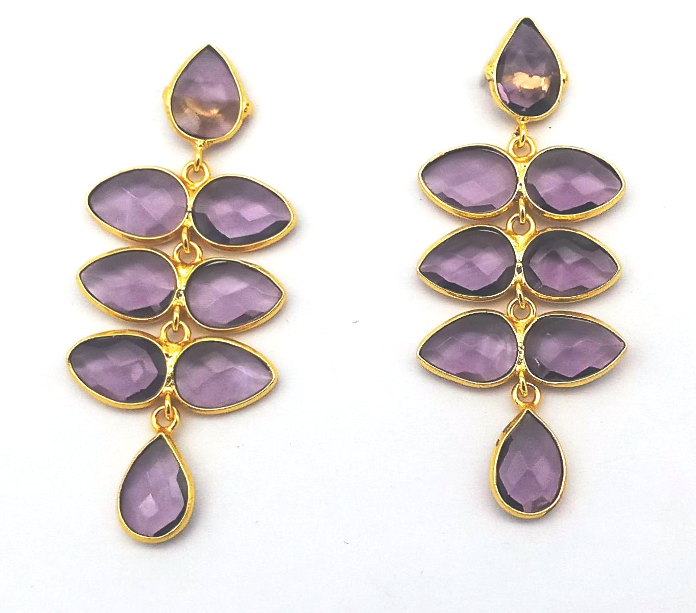 Fine Handcrafted Gold plated Amethyst Color Hydro Qtz stone light weight Leaf Designer Dangle Drop Earrings