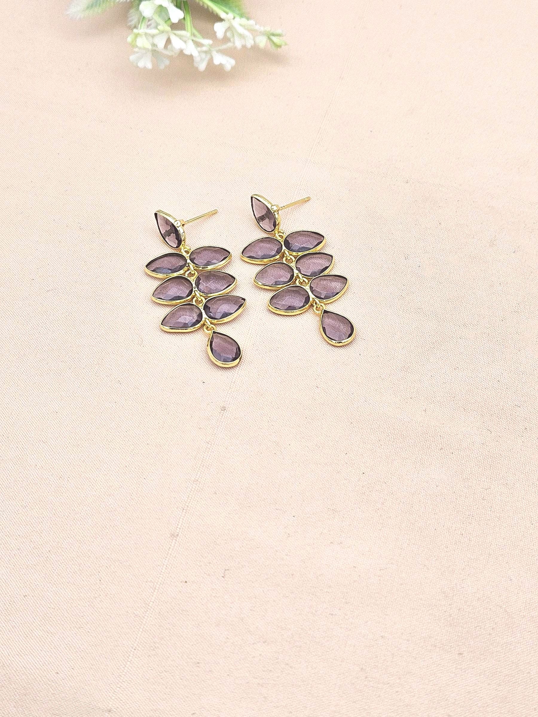 Fine Handcrafted Gold plated Amethyst Color Hydro Qtz stone light weight Leaf Designer Dangle Drop Earrings