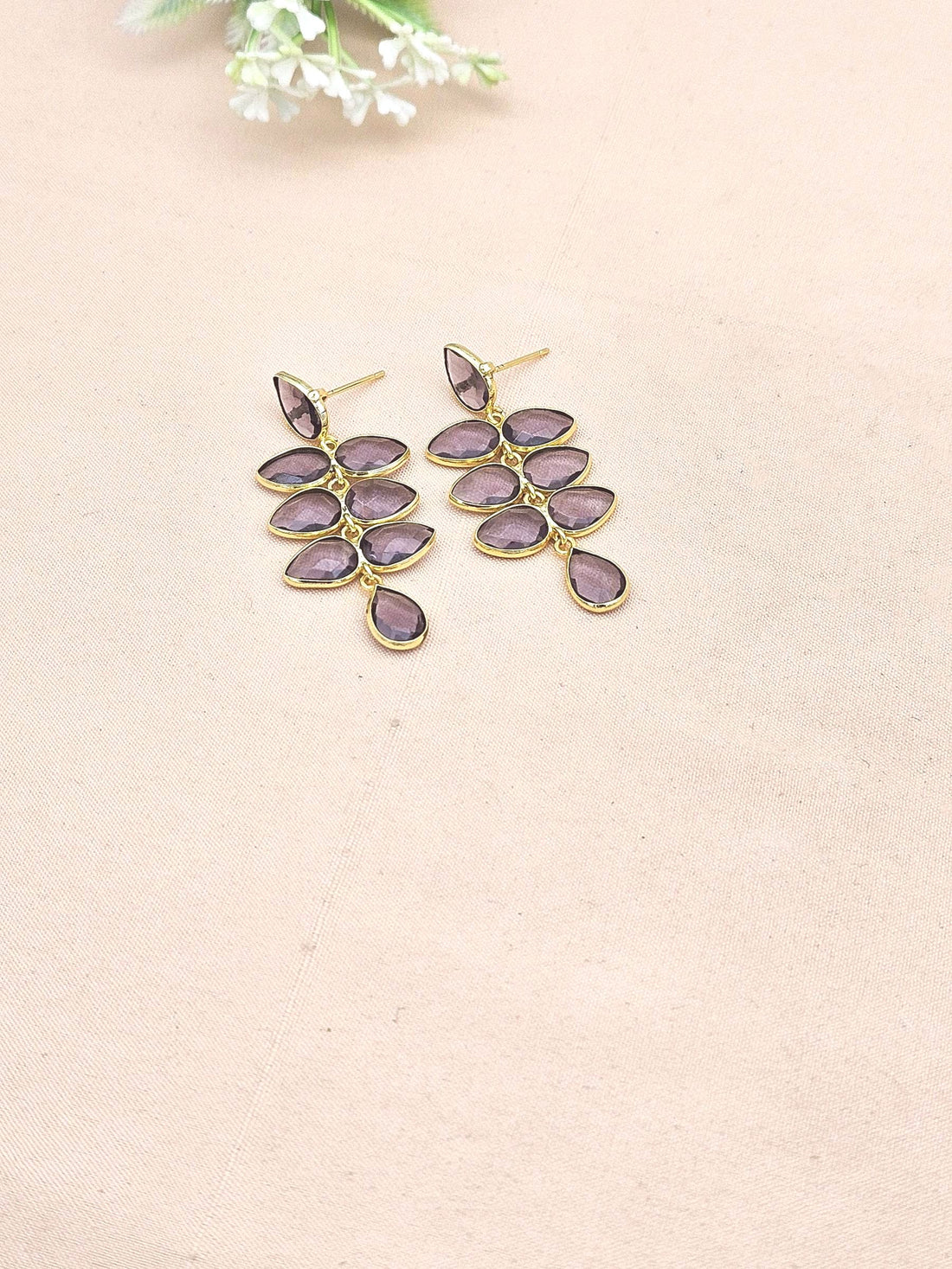 Fine Handcrafted Gold plated Amethyst Color Hydro Qtz stone light weight Leaf Designer Dangle Drop Earrings