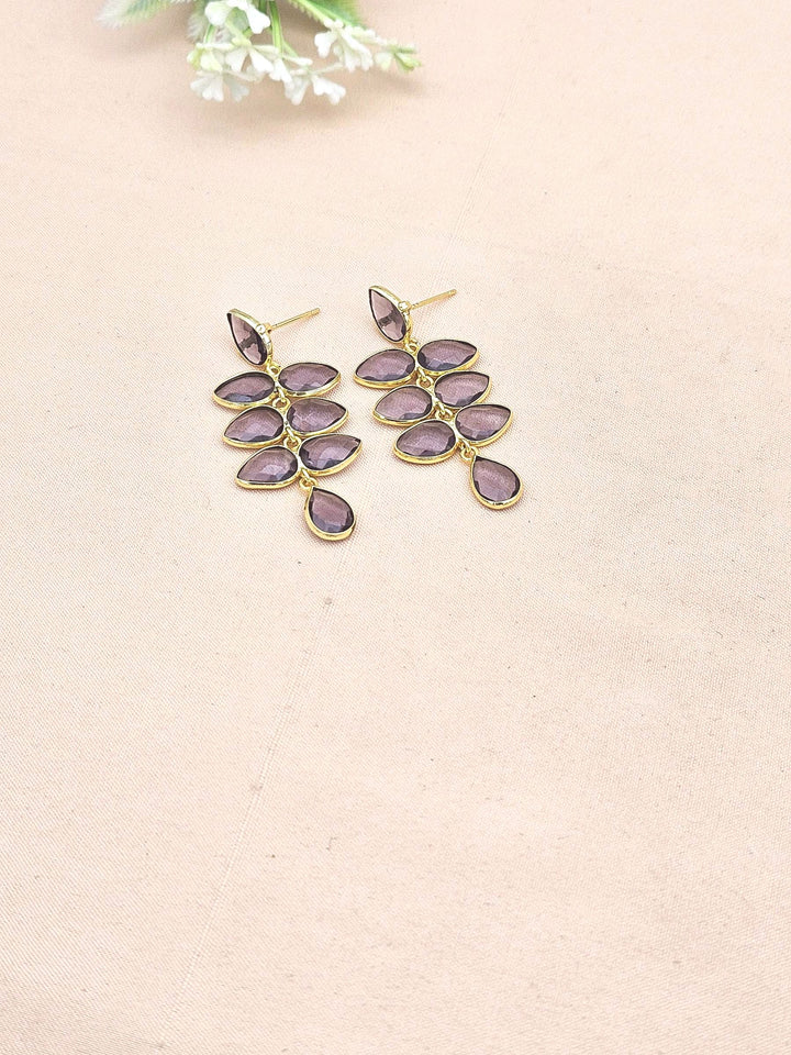 Fine Handcrafted Gold plated Amethyst Color Hydro Qtz stone light weight Leaf Designer Dangle Drop Earrings