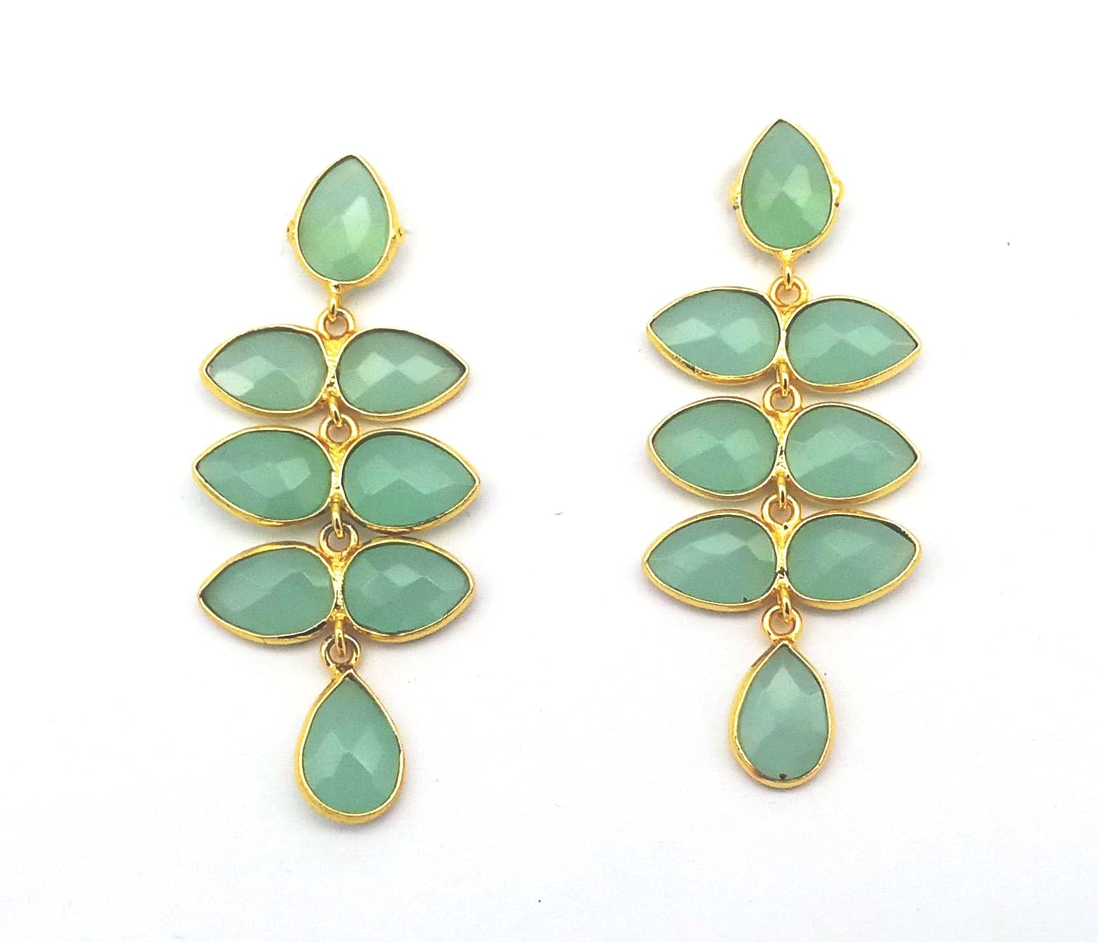 Fine Handcrafted Gold plated Aquamarine stone light weight Leaf Designer Dangle Drop Earrings