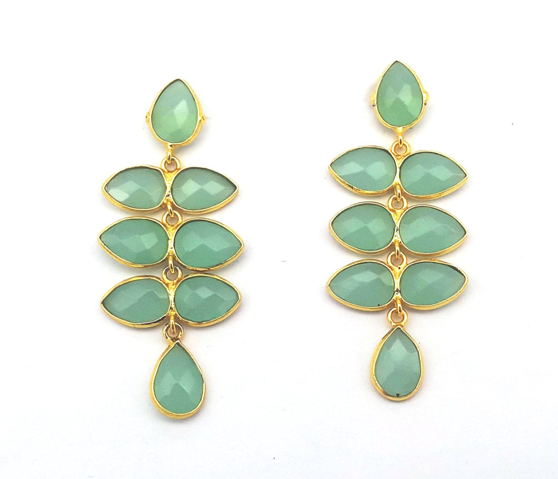 Fine Handcrafted Gold plated Aquamarine stone light weight Leaf Designer Dangle Drop Earrings