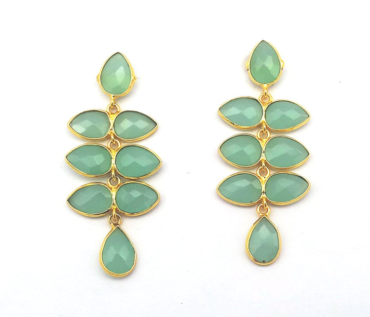 Fine Handcrafted Gold plated Aquamarine stone light weight Leaf Designer Dangle Drop Earrings