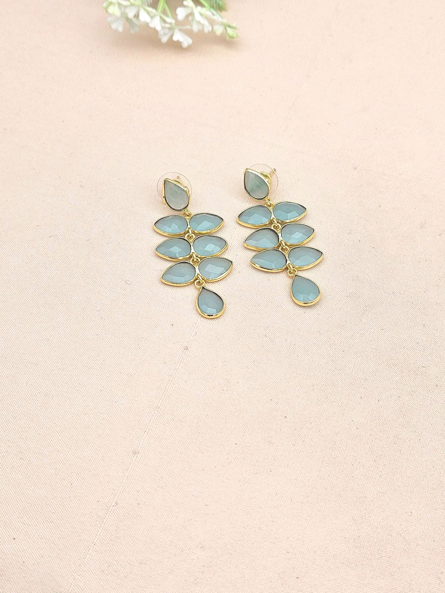 Fine Handcrafted Gold plated Aquamarine stone light weight Leaf Designer Dangle Drop Earrings