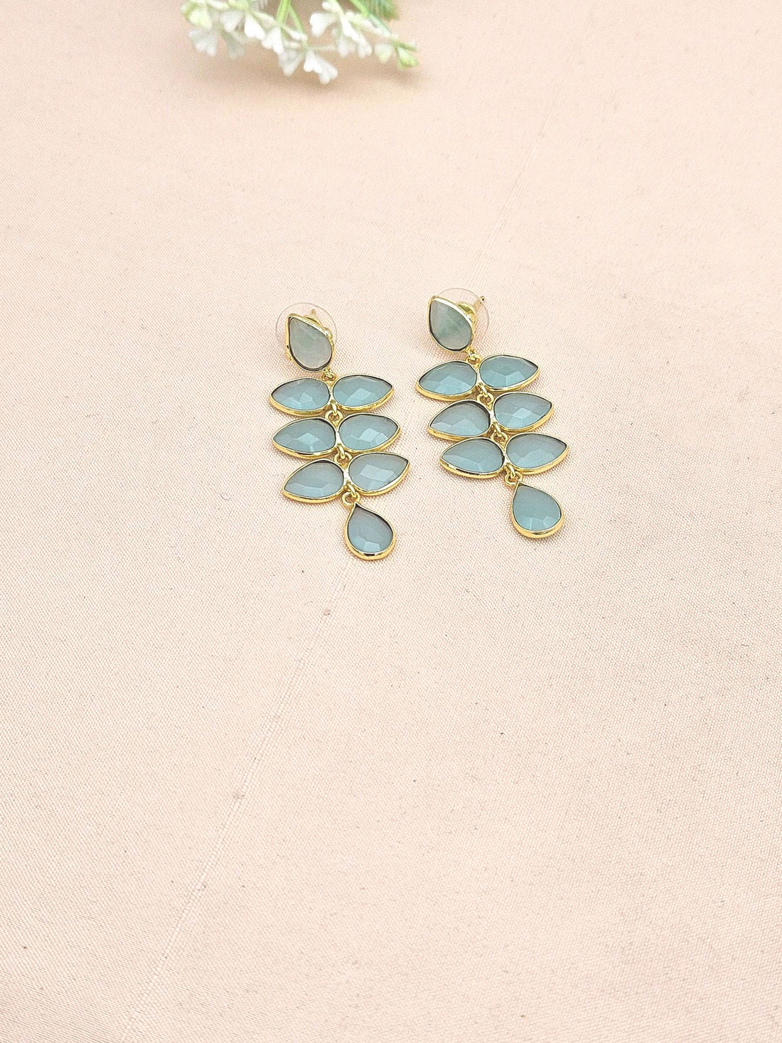 Fine Handcrafted Gold plated Aquamarine stone light weight Leaf Designer Dangle Drop Earrings