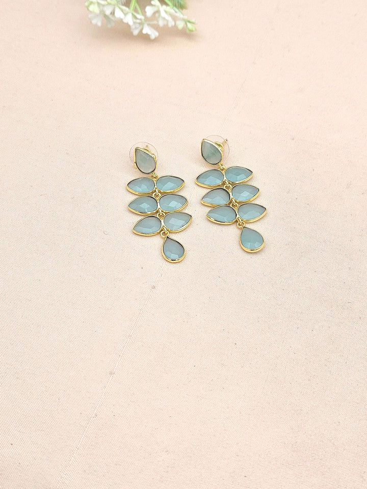 Fine Handcrafted Gold plated Aquamarine stone light weight Leaf Designer Dangle Drop Earrings