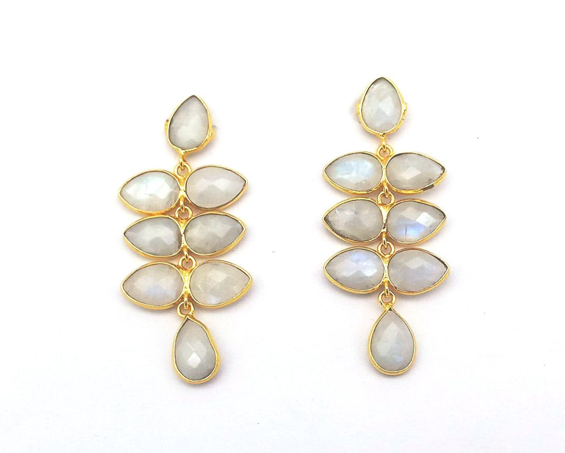 Fine Handcrafted Gold plated White Rainbow stone light weight Leaf Designer Dangle Drop Earrings