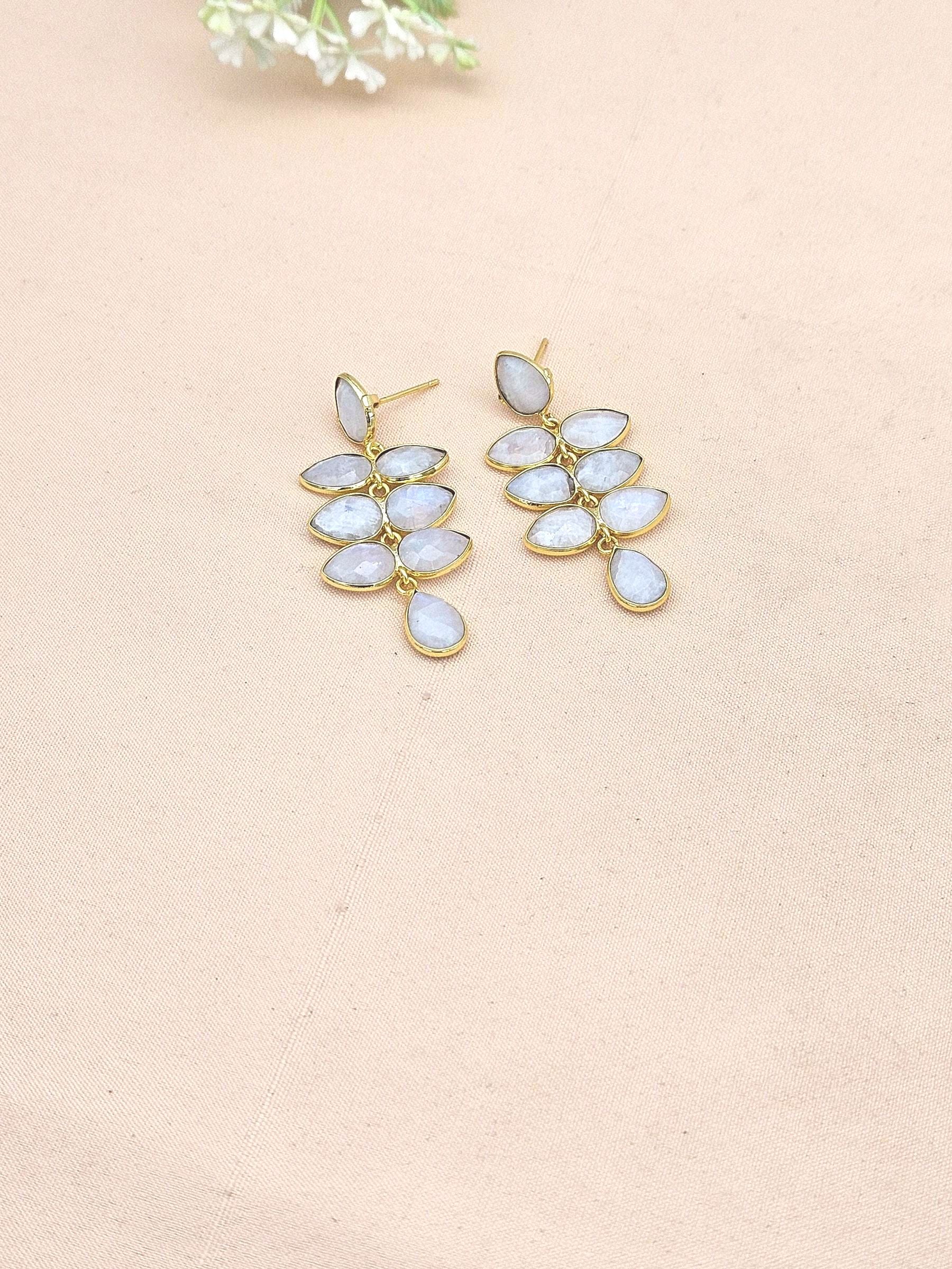 Fine Handcrafted Gold plated White Rainbow stone light weight Leaf Designer Dangle Drop Earrings