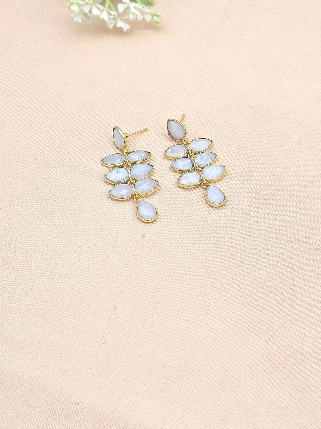 Fine Handcrafted Gold plated White Rainbow stone light weight Leaf Designer Dangle Drop Earrings