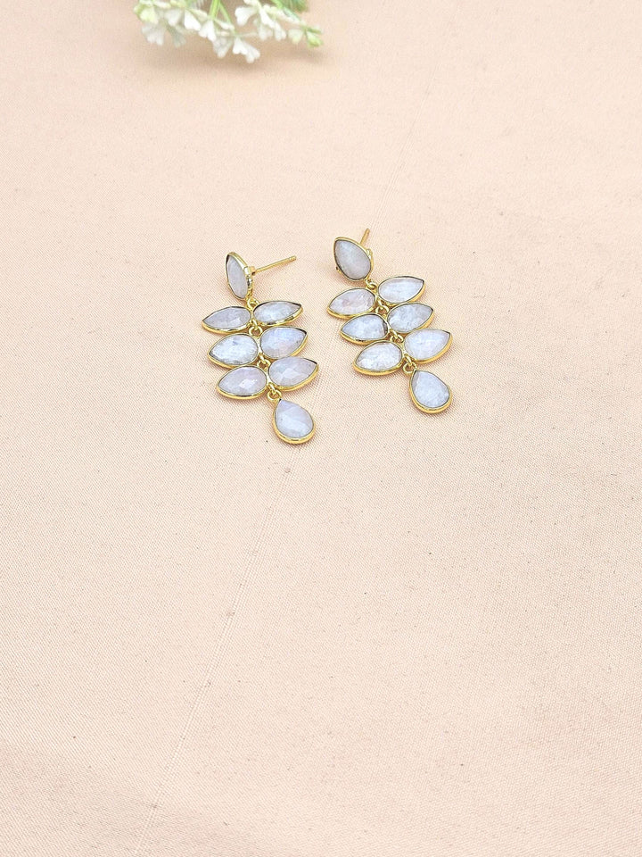 Fine Handcrafted Gold plated White Rainbow stone light weight Leaf Designer Dangle Drop Earrings