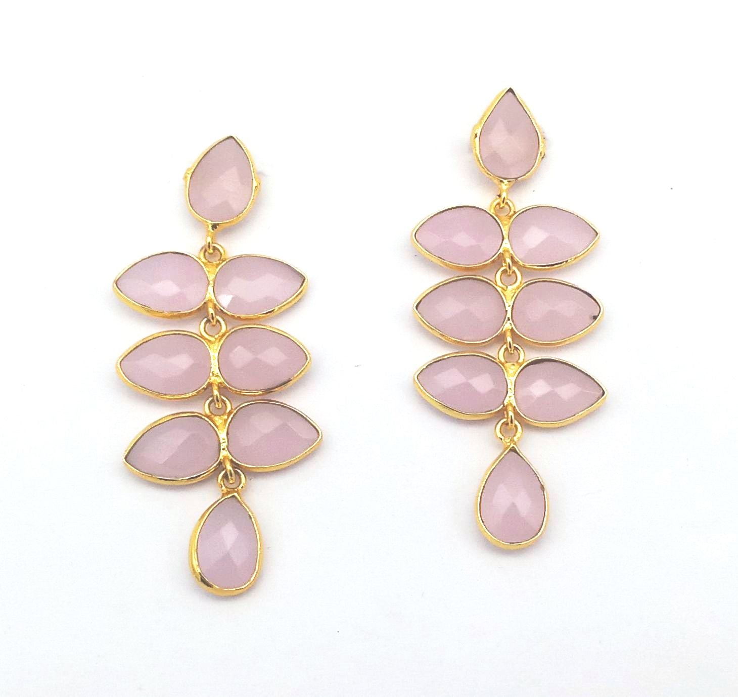 Fine Handcrafted Gold plated Rose Quartz stone light weight Leaf Designer Dangle Drop Earrings