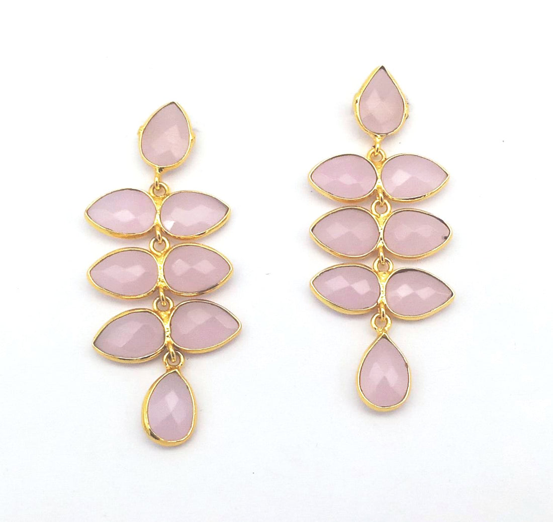 Fine Handcrafted Gold plated Rose Quartz stone light weight Leaf Designer Dangle Drop Earrings