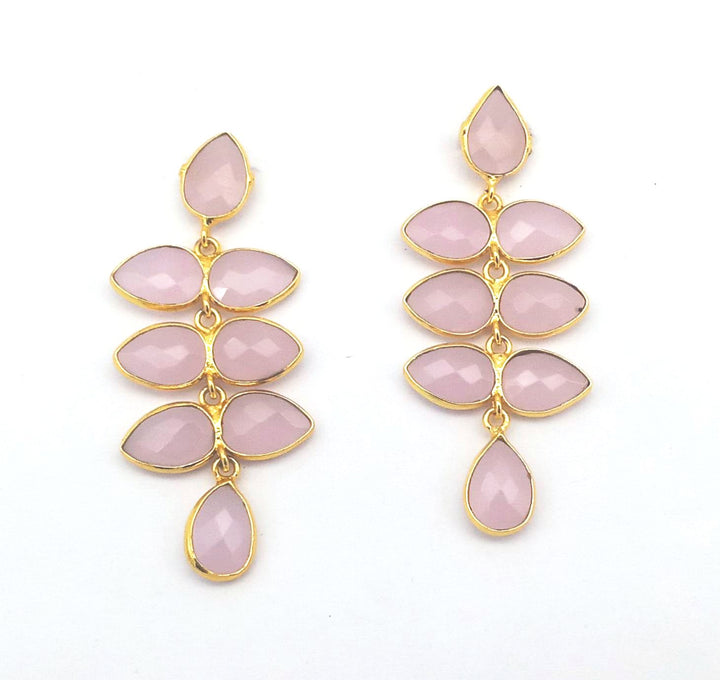 Fine Handcrafted Gold plated Rose Quartz stone light weight Leaf Designer Dangle Drop Earrings