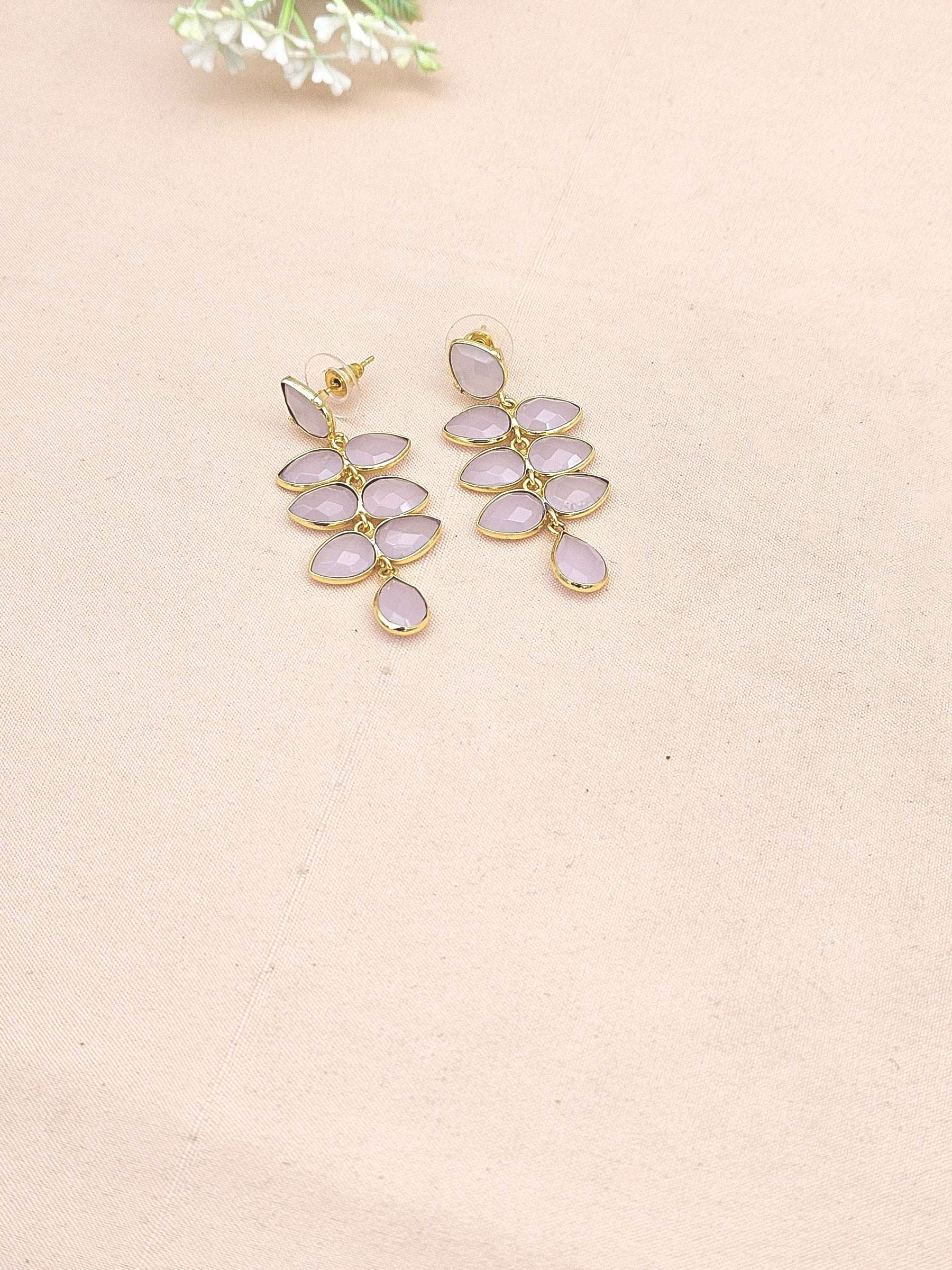 Fine Handcrafted Gold plated Rose Quartz stone light weight Leaf Designer Dangle Drop Earrings