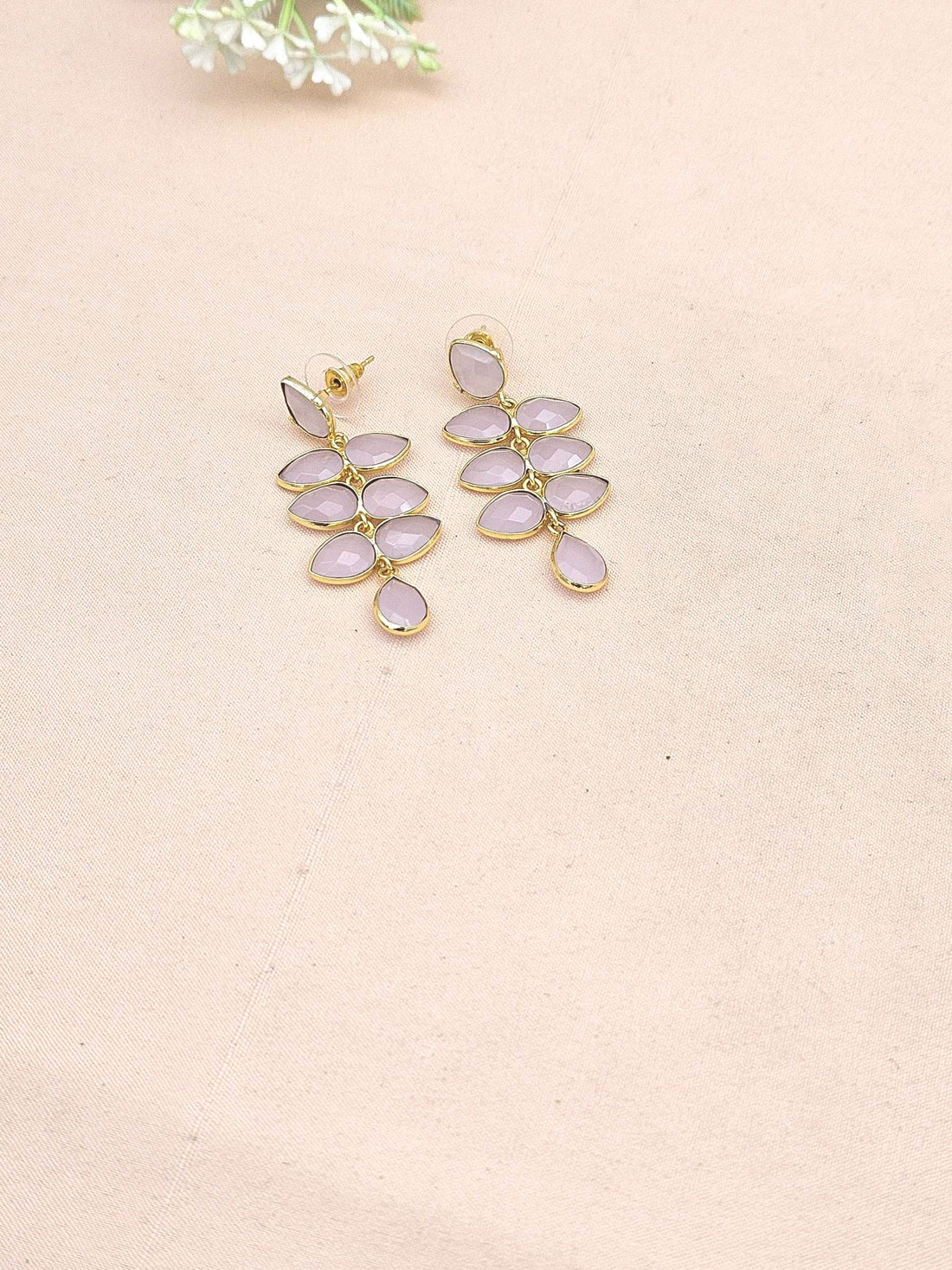 Fine Handcrafted Gold plated Rose Quartz stone light weight Leaf Designer Dangle Drop Earrings