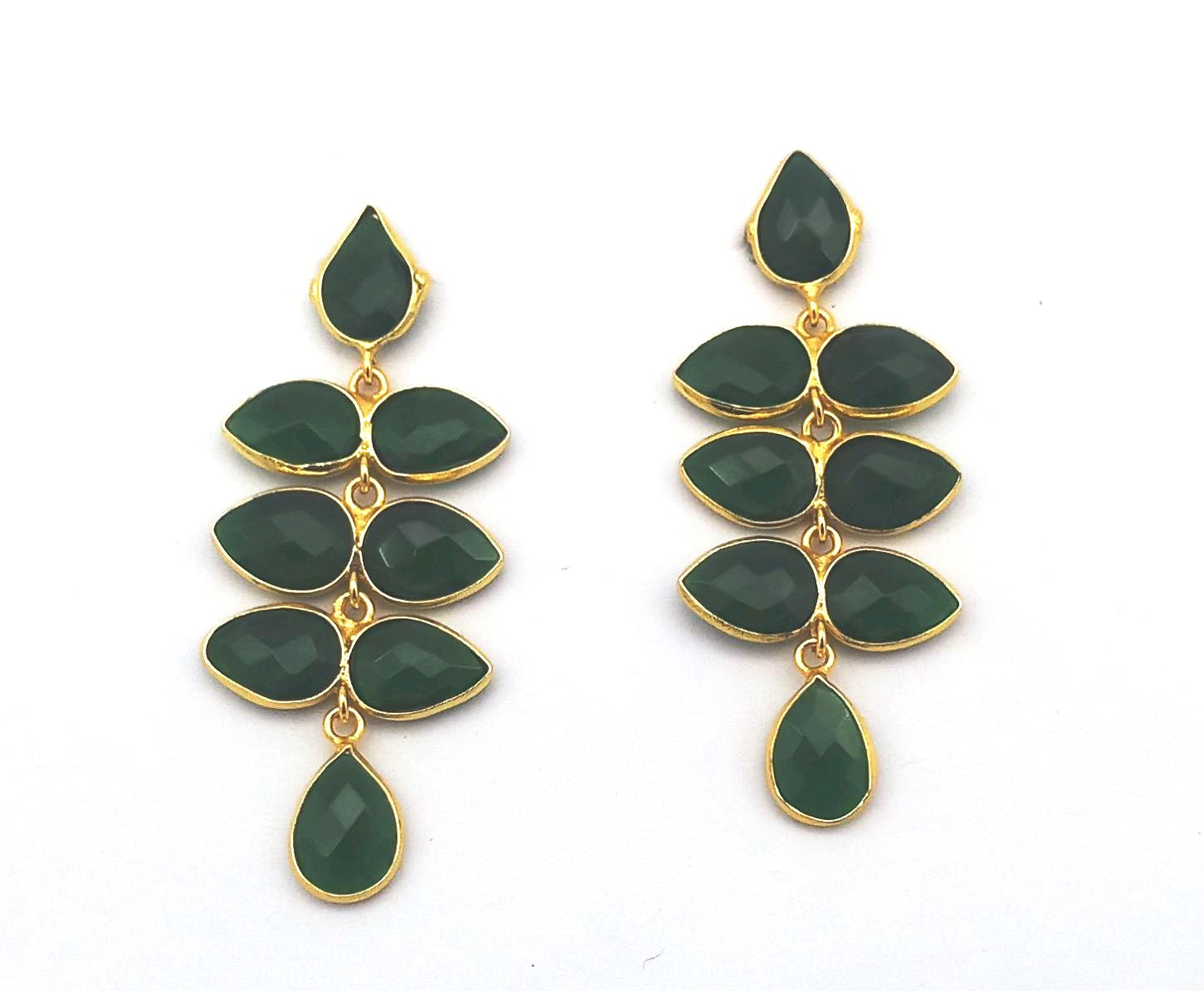 Fine Handcrafted Gold plated Green Hydro Quartz stone light weight Leaf Designer Dangle Drop Earrings