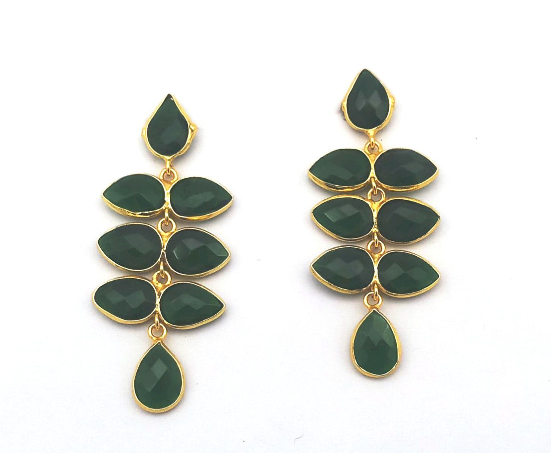 Fine Handcrafted Gold plated Green Hydro Quartz stone light weight Leaf Designer Dangle Drop Earrings