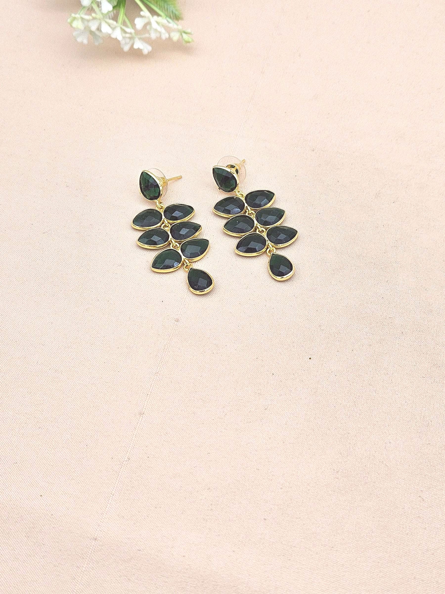 Fine Handcrafted Gold plated Green Hydro Quartz stone light weight Leaf Designer Dangle Drop Earrings