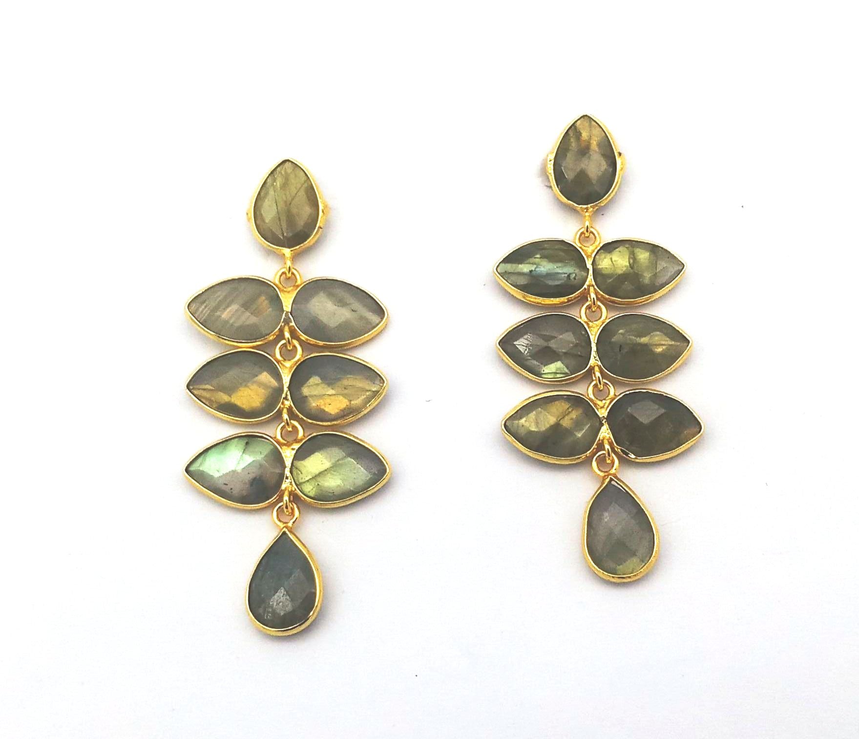 Fine Handcrafted Gold plated Labradorite stone light weight Leaf Designer Dangle Drop Earrings