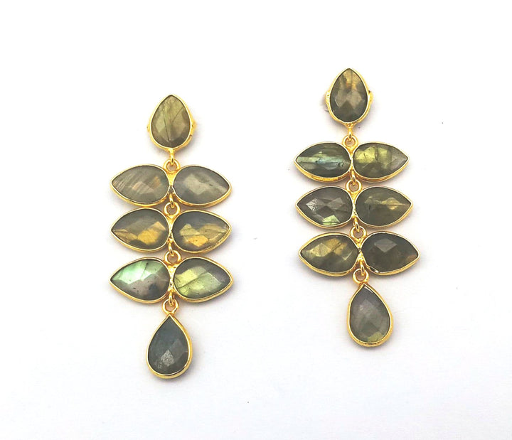 Fine Handcrafted Gold plated Labradorite stone light weight Leaf Designer Dangle Drop Earrings