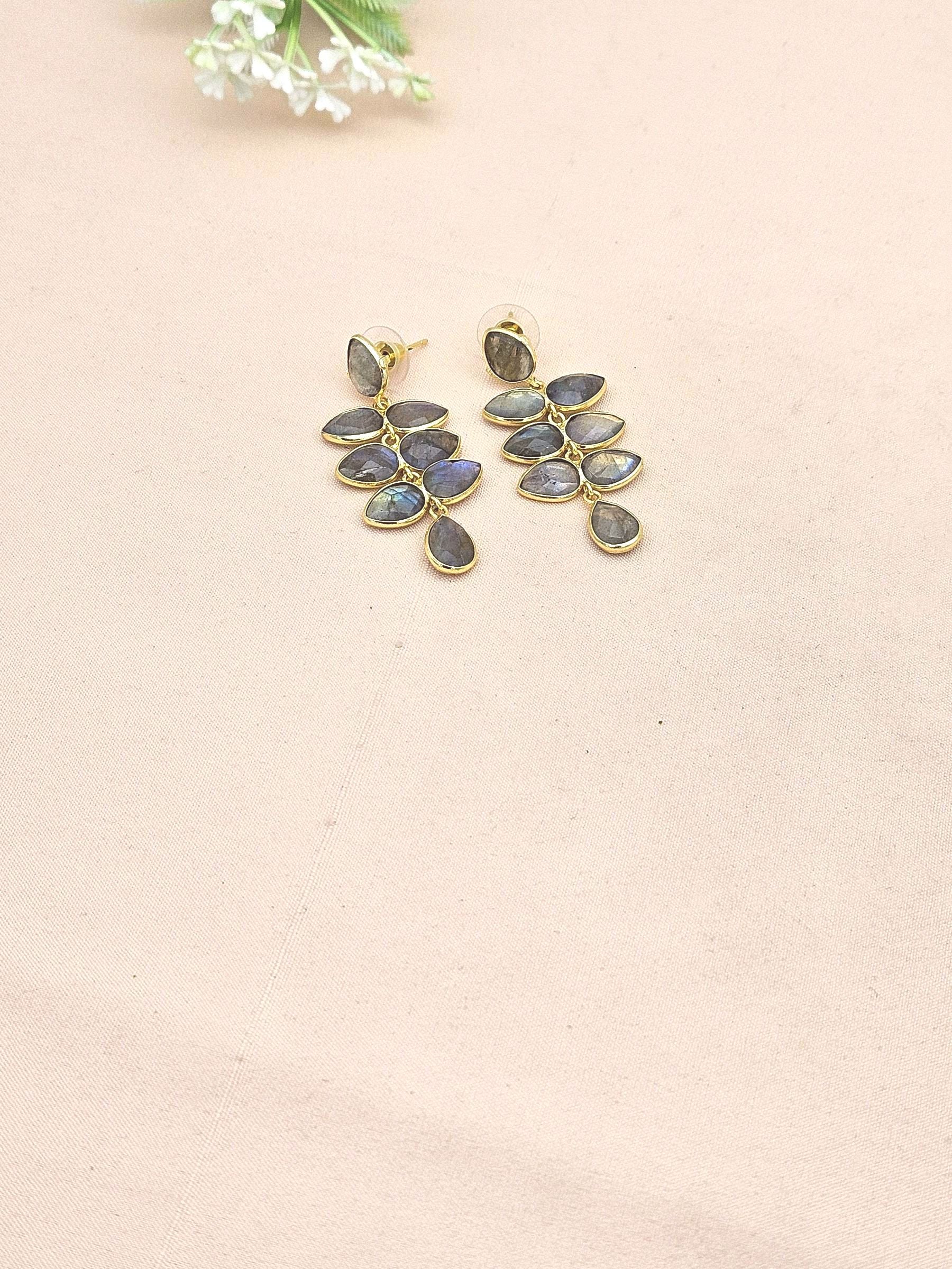 Fine Handcrafted Gold plated Labradorite stone light weight Leaf Designer Dangle Drop Earrings