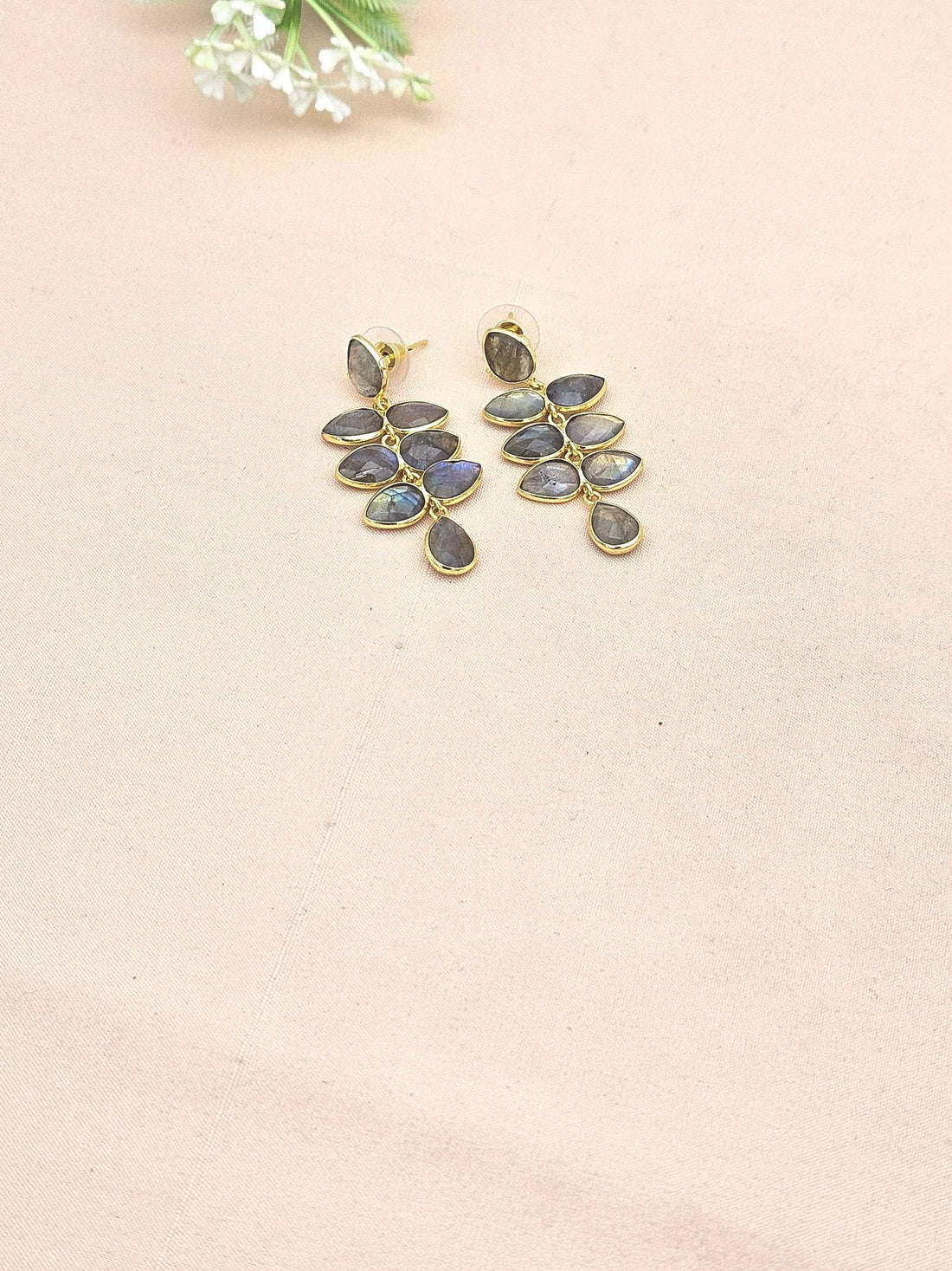 Fine Handcrafted Gold plated Labradorite stone light weight Leaf Designer Dangle Drop Earrings