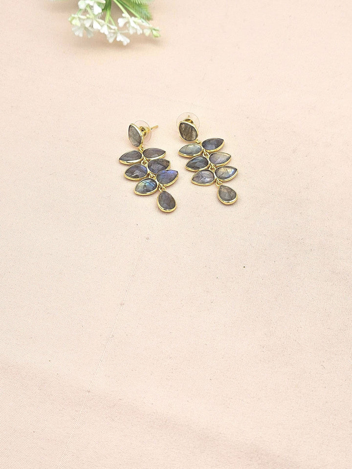 Fine Handcrafted Gold plated Labradorite stone light weight Leaf Designer Dangle Drop Earrings