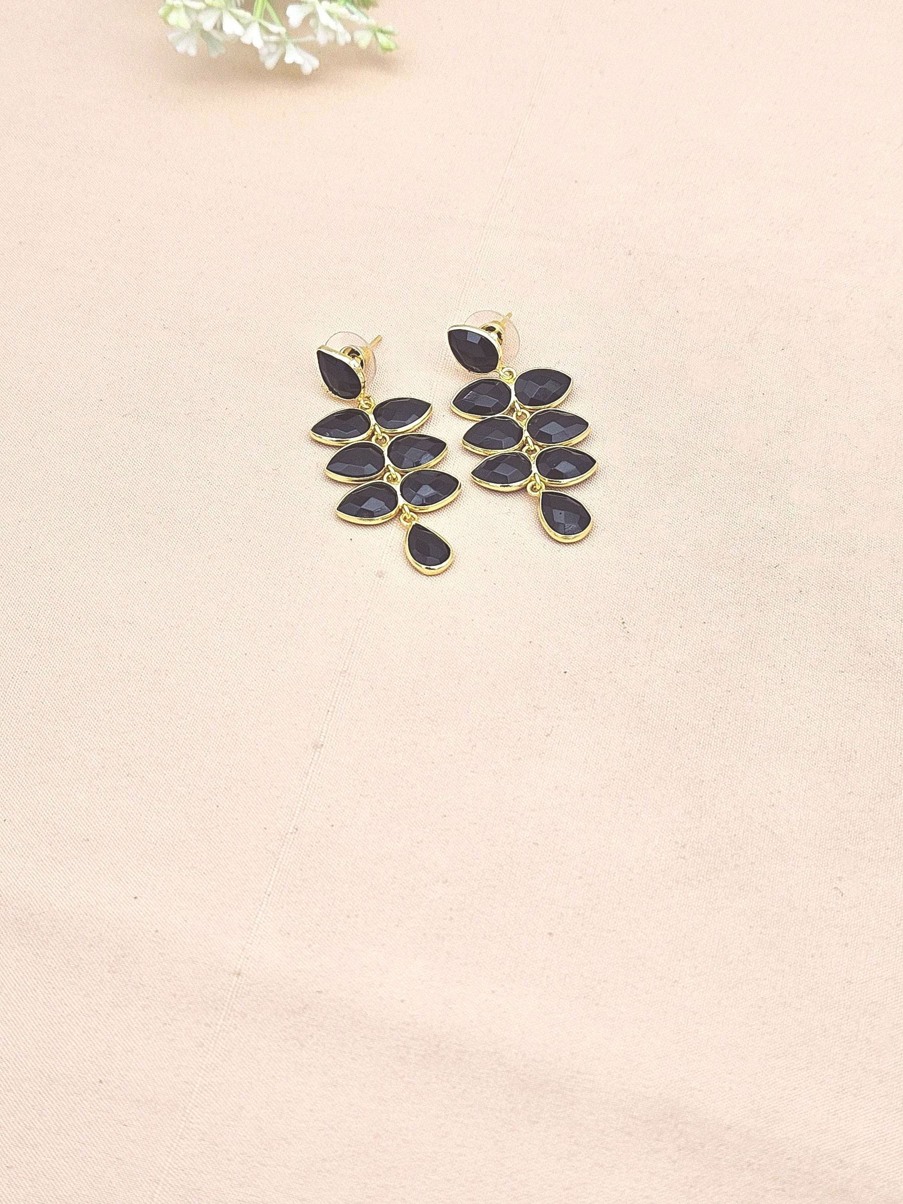 Fine Handcrafted Gold plated Black Onyx stone light weight Leaf Designer Dangle Drop Earrings