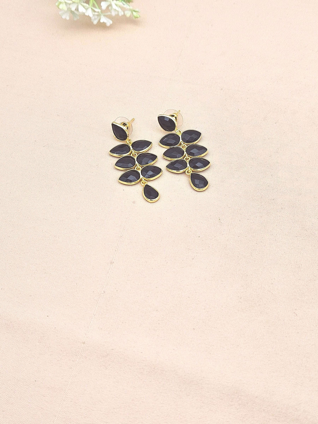 Fine Handcrafted Gold plated Black Onyx stone light weight Leaf Designer Dangle Drop Earrings