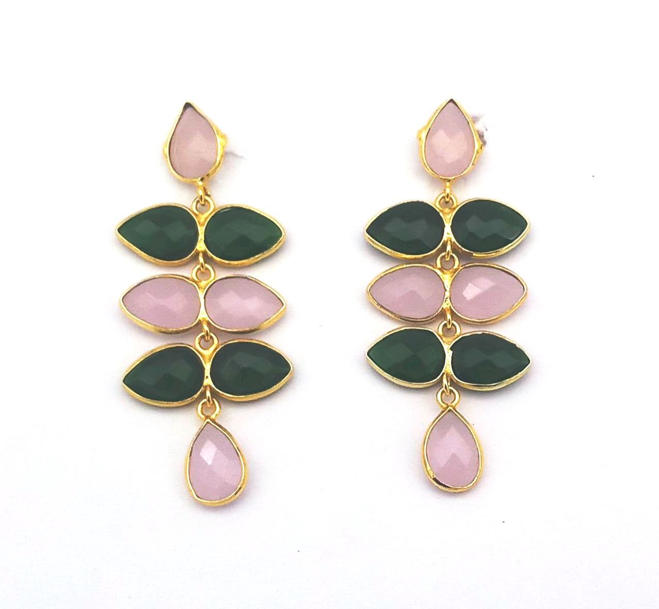 Fine Handcrafted Gold plated Green & Rose Quartz stone light weight Leaf Designer Dangle Drop Earrings