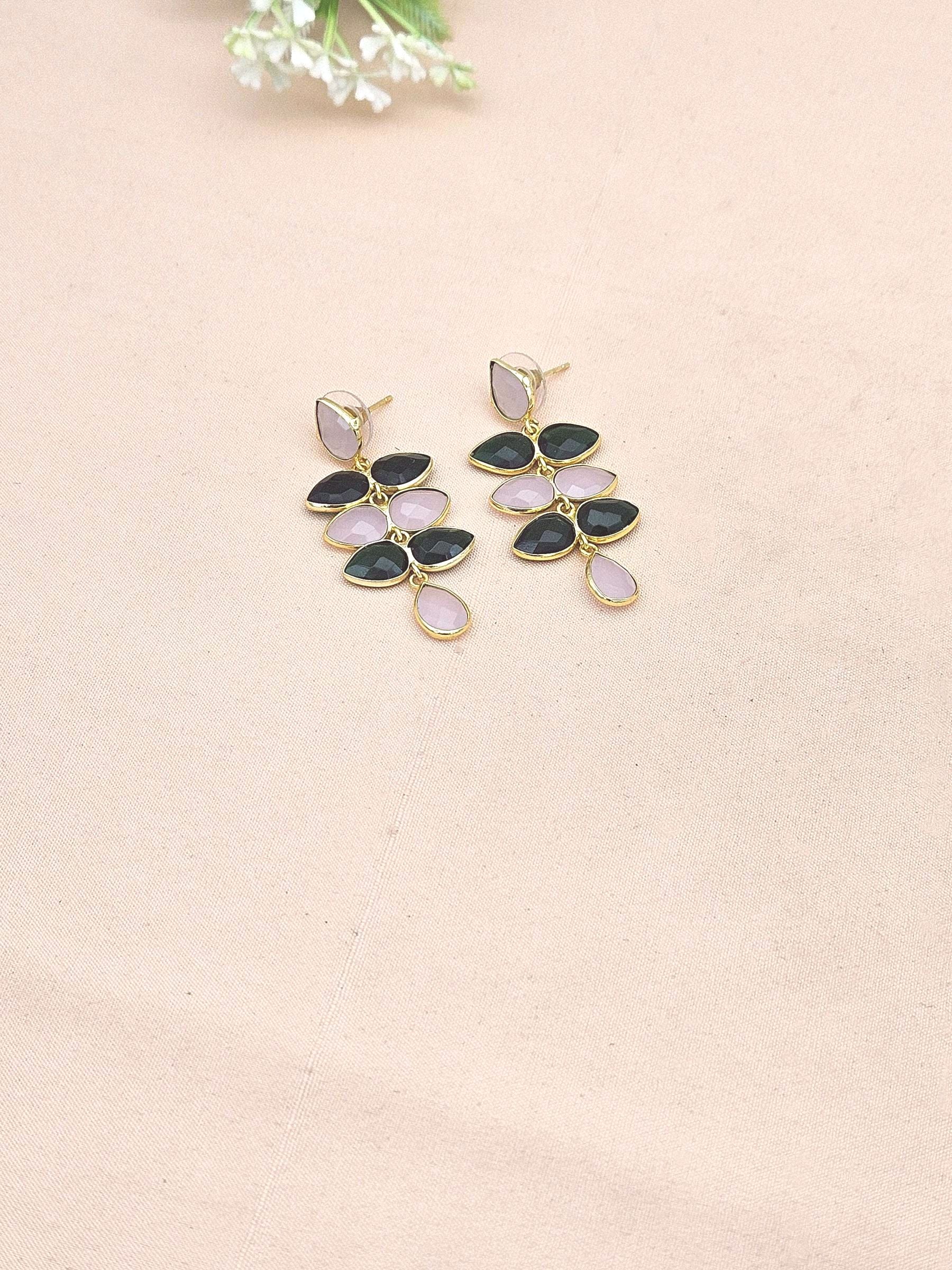 Fine Handcrafted Gold plated Green & Rose Quartz stone light weight Leaf Designer Dangle Drop Earrings