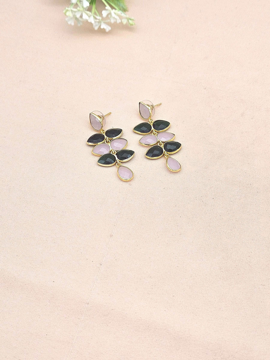 Fine Handcrafted Gold plated Green & Rose Quartz stone light weight Leaf Designer Dangle Drop Earrings