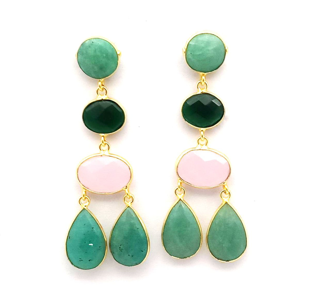 Fine Handcrafted Gold plated Amazonite-Green Glass-Rose Quartz stone light weight Dangle Drop Earrings
