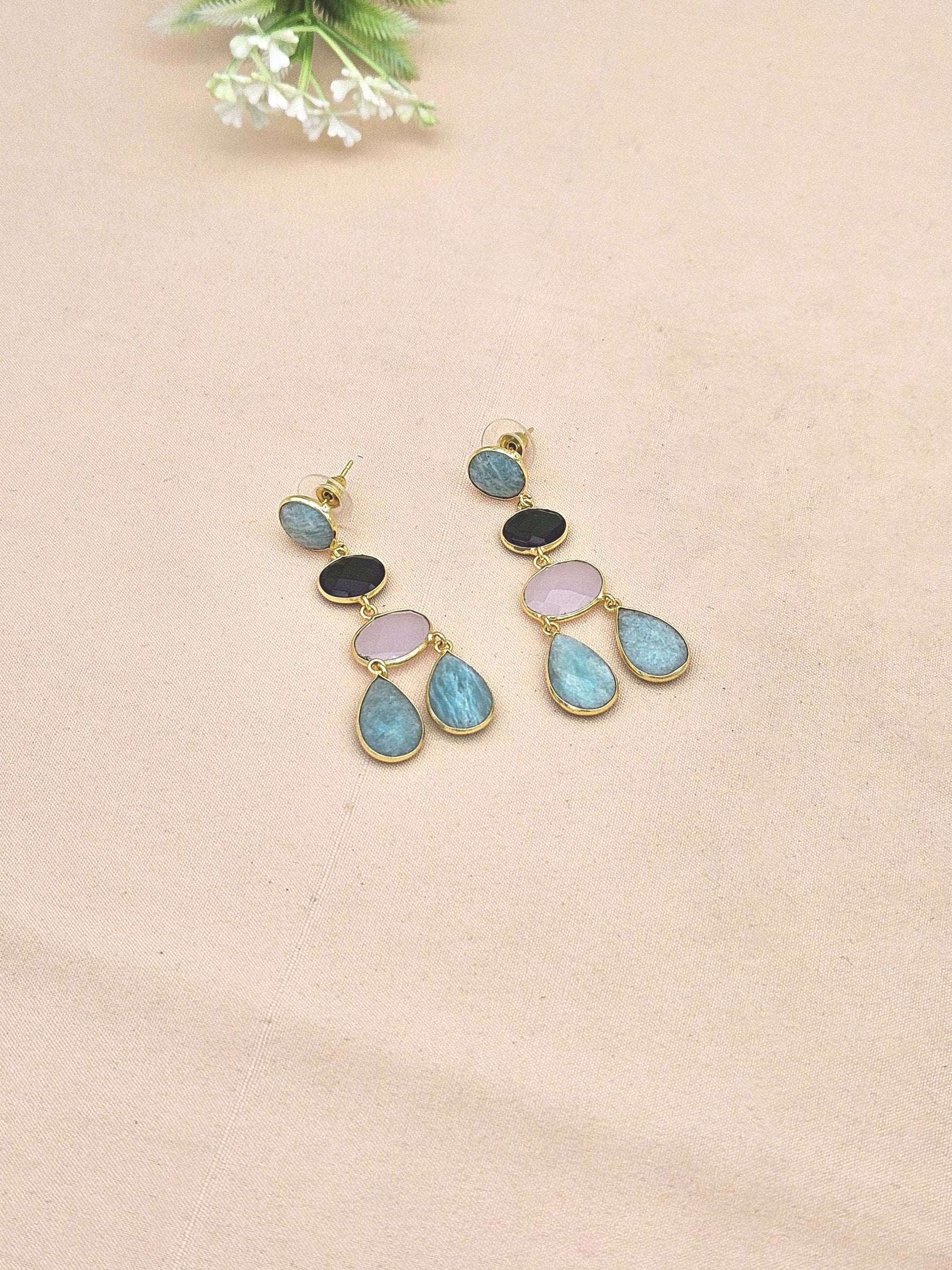 Fine Handcrafted Gold plated Amazonite-Green Glass-Rose Quartz stone light weight Dangle Drop Earrings
